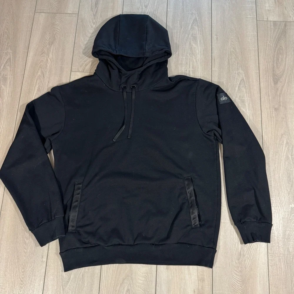 Alo Yoga Pullover Hoodie Women L Black Zipper Pockets Athleisure, Logo Patch